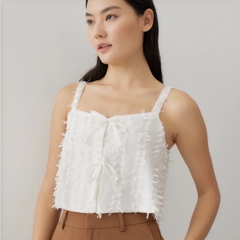 White Crop Camisole with Tie Front and Textured Fabric